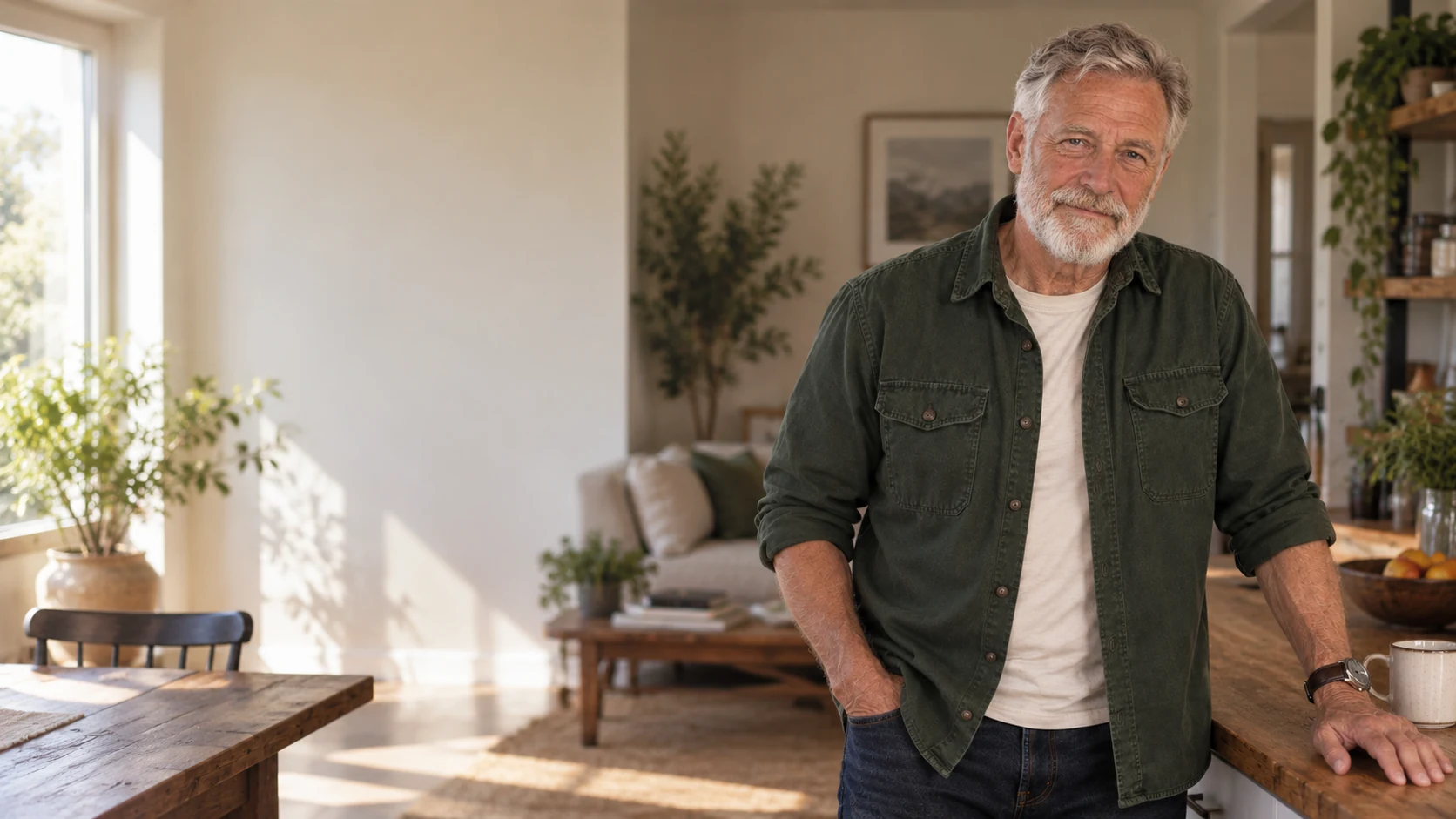 Walter in a forest-green overshirt in a warm, sunlit room.