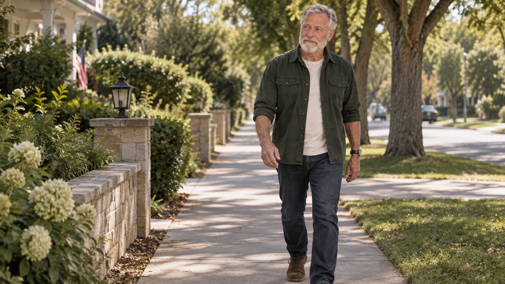 Walter walking through a leafy neighborhood.